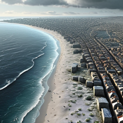 **

A dramatic visualization of a coastal city during an ice age, with the sea level drastically lower, exposing vast stretches of land where the ocean used to be. Show evidence of early human settlements in these newly exposed areas. The overall tone should be historical and slightly desaturated to emphasize the passage of time.

**