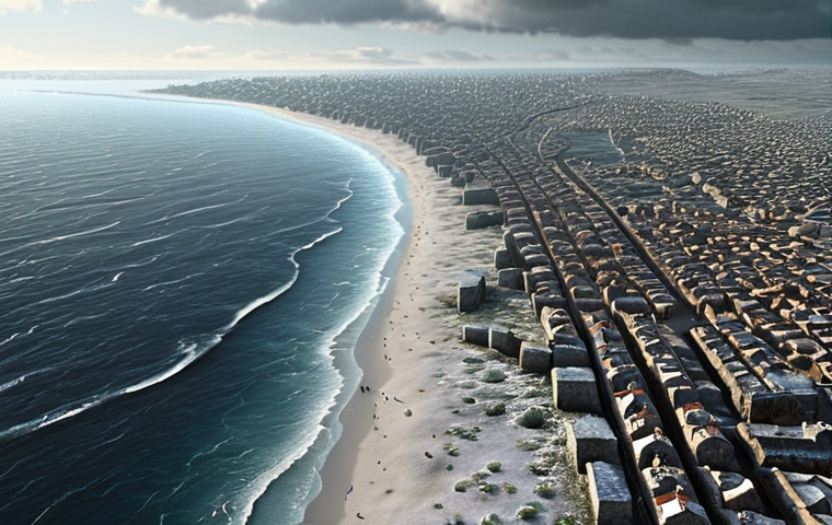 **
A dramatic visualization of a coastal city during an ice age, with the sea level drastically lower, exposing vast stretches of land where the ocean used to be. Show evidence of early human settlements in these newly exposed areas. The overall tone should be historical and slightly desaturated to emphasize the passage of time.
**