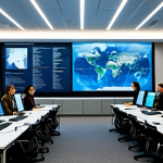 A diverse group of professional climate scientists and marine biologists, representing various nationalities, are gathered in a high-tech international research center. They are fully clothed in professional, modest attire, collaborating around large holographic displays and computer screens showing intricate sea-level rise prediction models, AI-driven data visualizations, and global climate simulations. The atmosphere is serious yet focused, emphasizing global partnership and intellectual cooperation. The image features perfect anatomy, correct proportions, well-formed hands, and natural body proportions. This is a safe for work, appropriate content, family-friendly, high-quality professional photograph with realistic lighting and sharp details.