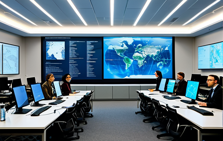 A diverse group of professional climate scientists and marine biologists, representing various nationalities, are gathered in a high-tech international research center. They are fully clothed in professional, modest attire, collaborating around large holographic displays and computer screens showing intricate sea-level rise prediction models, AI-driven data visualizations, and global climate simulations. The atmosphere is serious yet focused, emphasizing global partnership and intellectual cooperation. The image features perfect anatomy, correct proportions, well-formed hands, and natural body proportions. This is a safe for work, appropriate content, family-friendly, high-quality professional photograph with realistic lighting and sharp details.